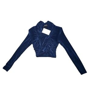 BARDOT Navy Blue Velvet Wrap Front Ruched Cropped Long Sleeve Top XS